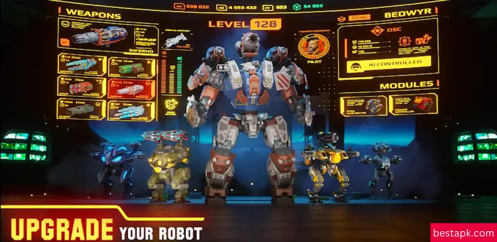 A dynamic visual representation of "Upgrade Your Robot," highlighting various robot upgrades and colorful game elements.