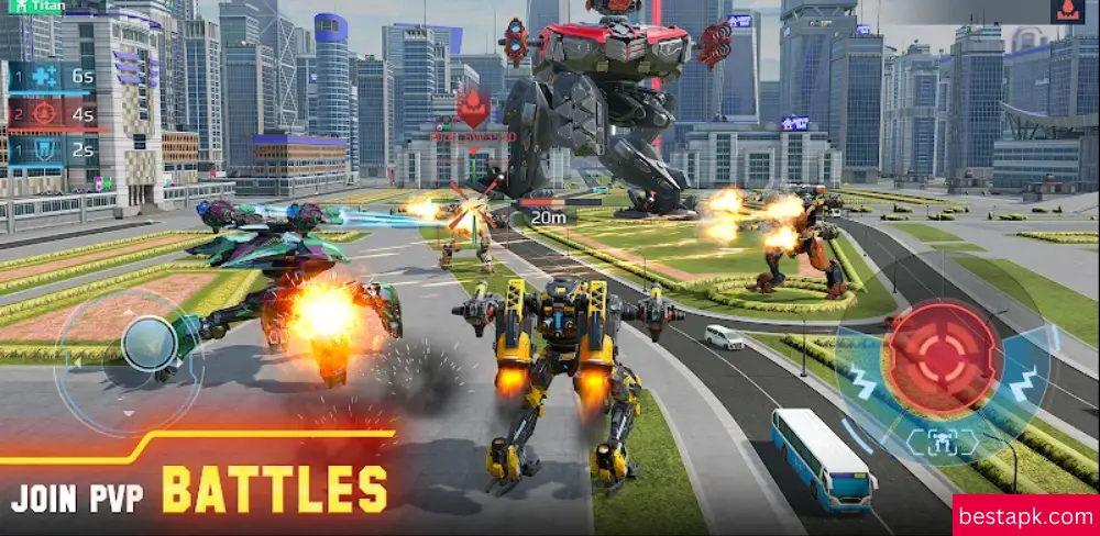 Dynamic screenshot from the Transformers battle city APK, featuring robots in combat amidst an urban landscape.